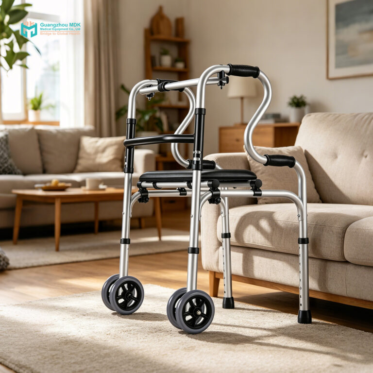 Dual-Tier Aluminum Folding Walker with 5-Inch Casters and Flip-Up Seat