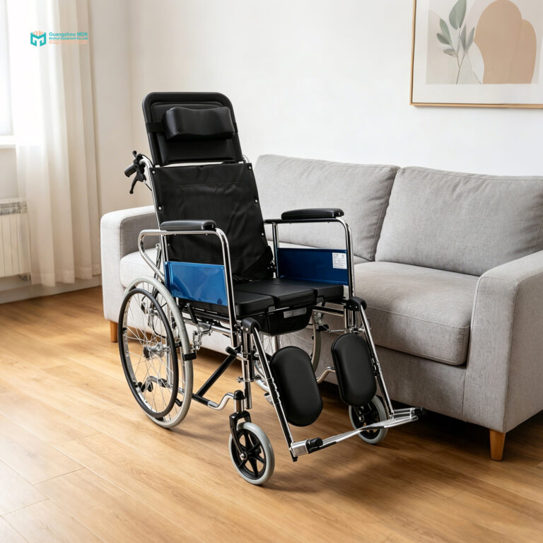 High-Back Reclining Manual Commode Wheelchair with Elevating Leg Rests