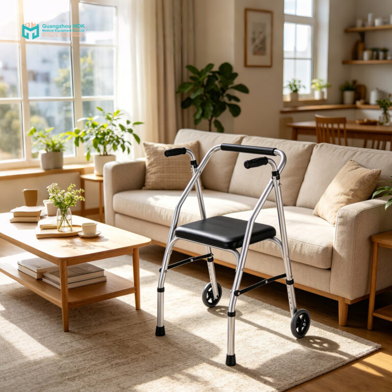 Ultra-Lightweight Aluminum Folding Walker with Waterproof Leather Seat & 5-Inch Dual Casters