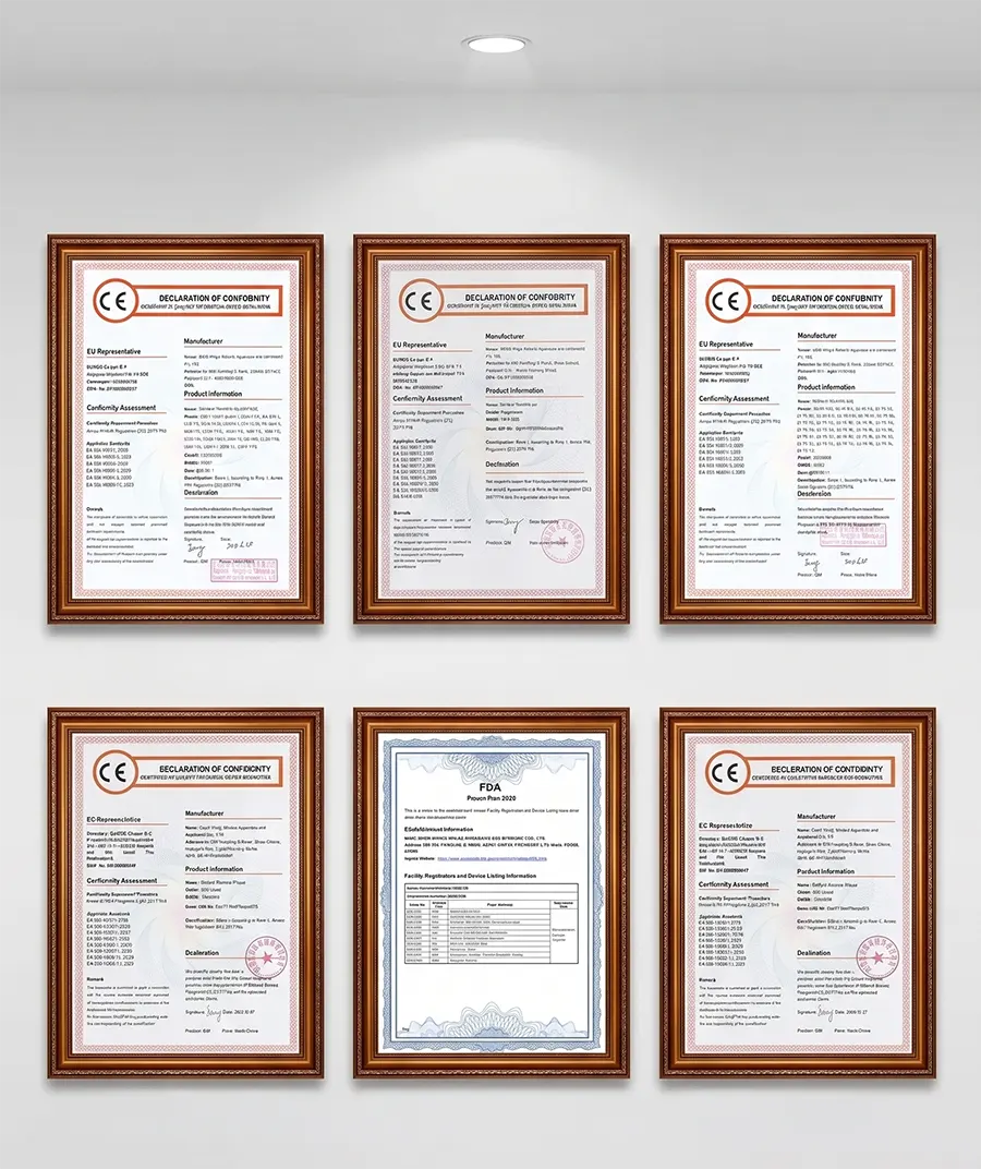 MDK authoritative certificate wall featuring CE, FDA and ISO