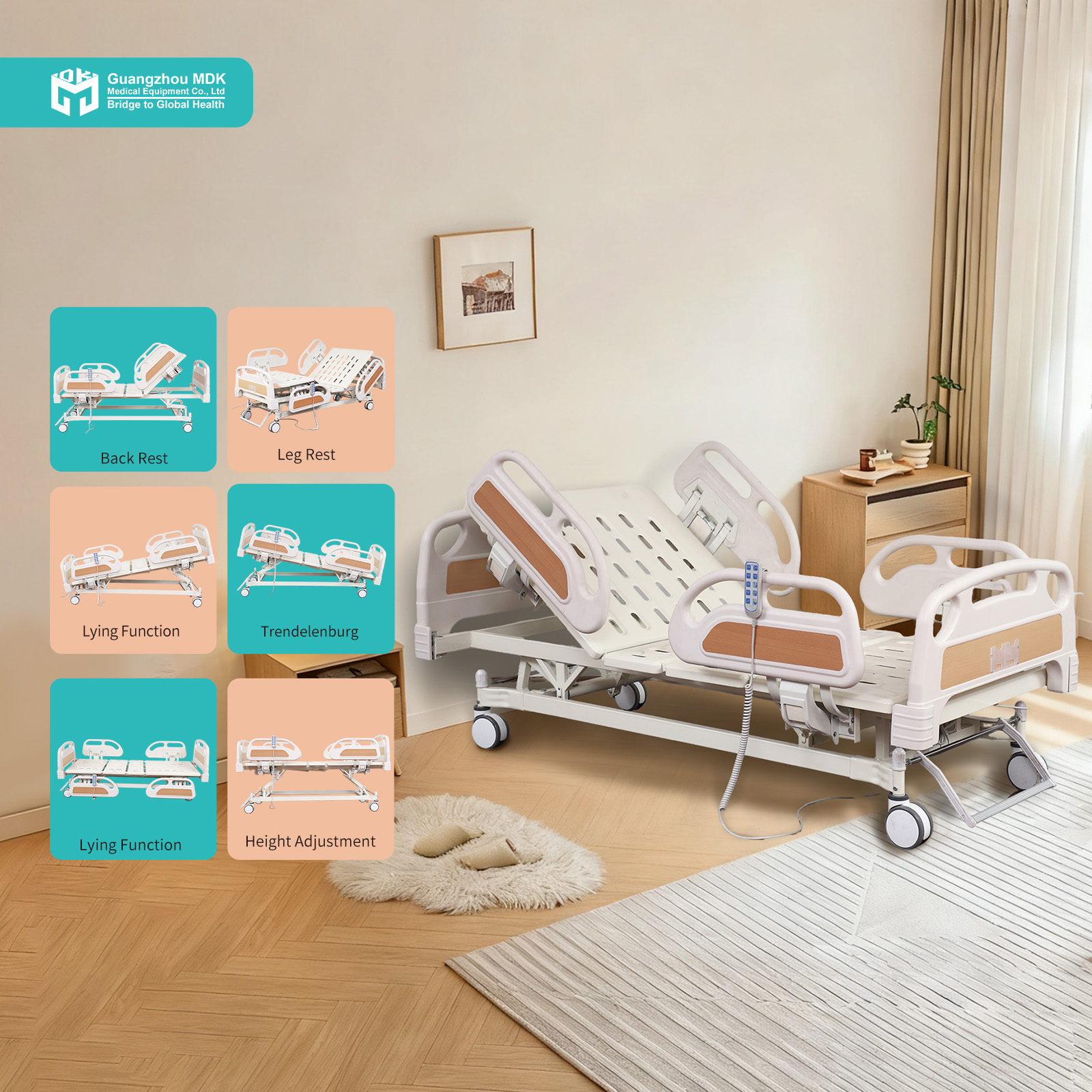 Advanced 5-Function Electric Hospital Bed with Drop-Down PP Rails