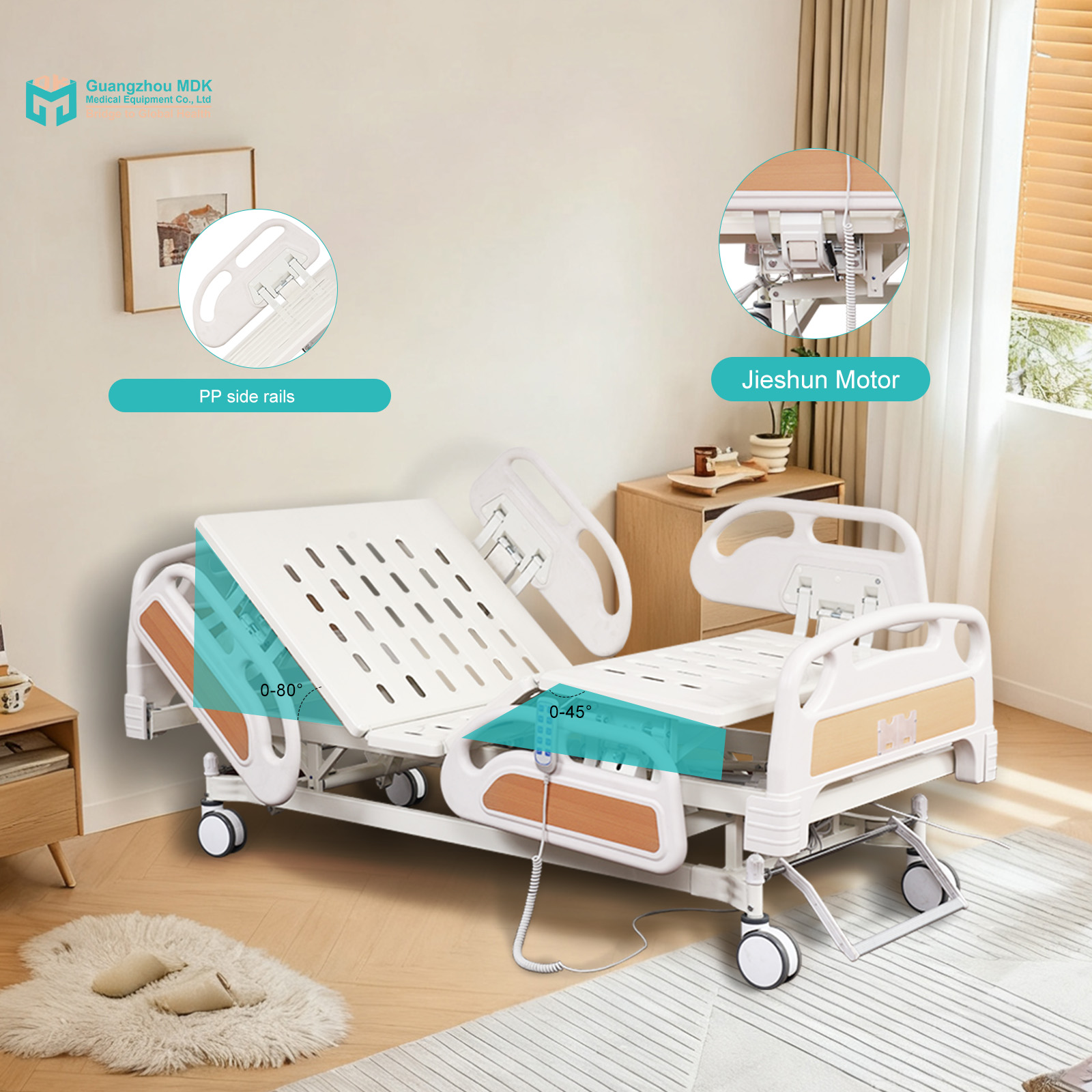 Advanced 5-Function Electric Hospital Bed with Drop-Down PP Rails
