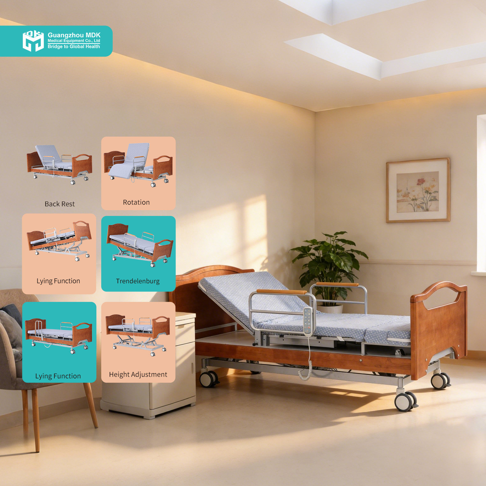 Premium 5-Function Electric Rotating Nursing Bed with Real Wood Design & Mattress