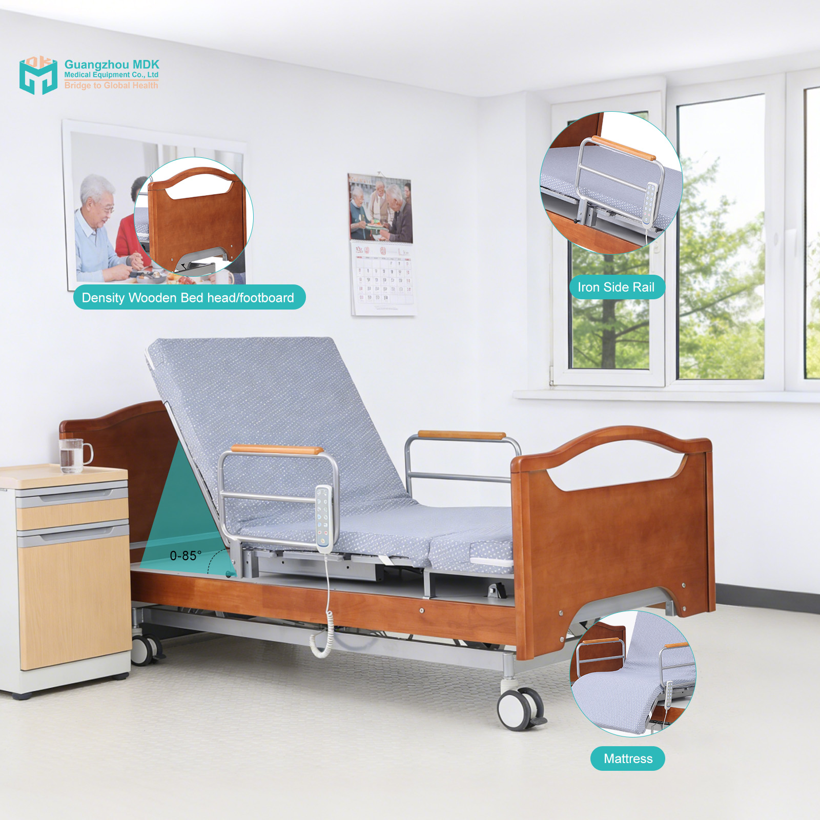 Premium 5-Function Electric Rotating Nursing Bed with Real Wood Design & Mattress