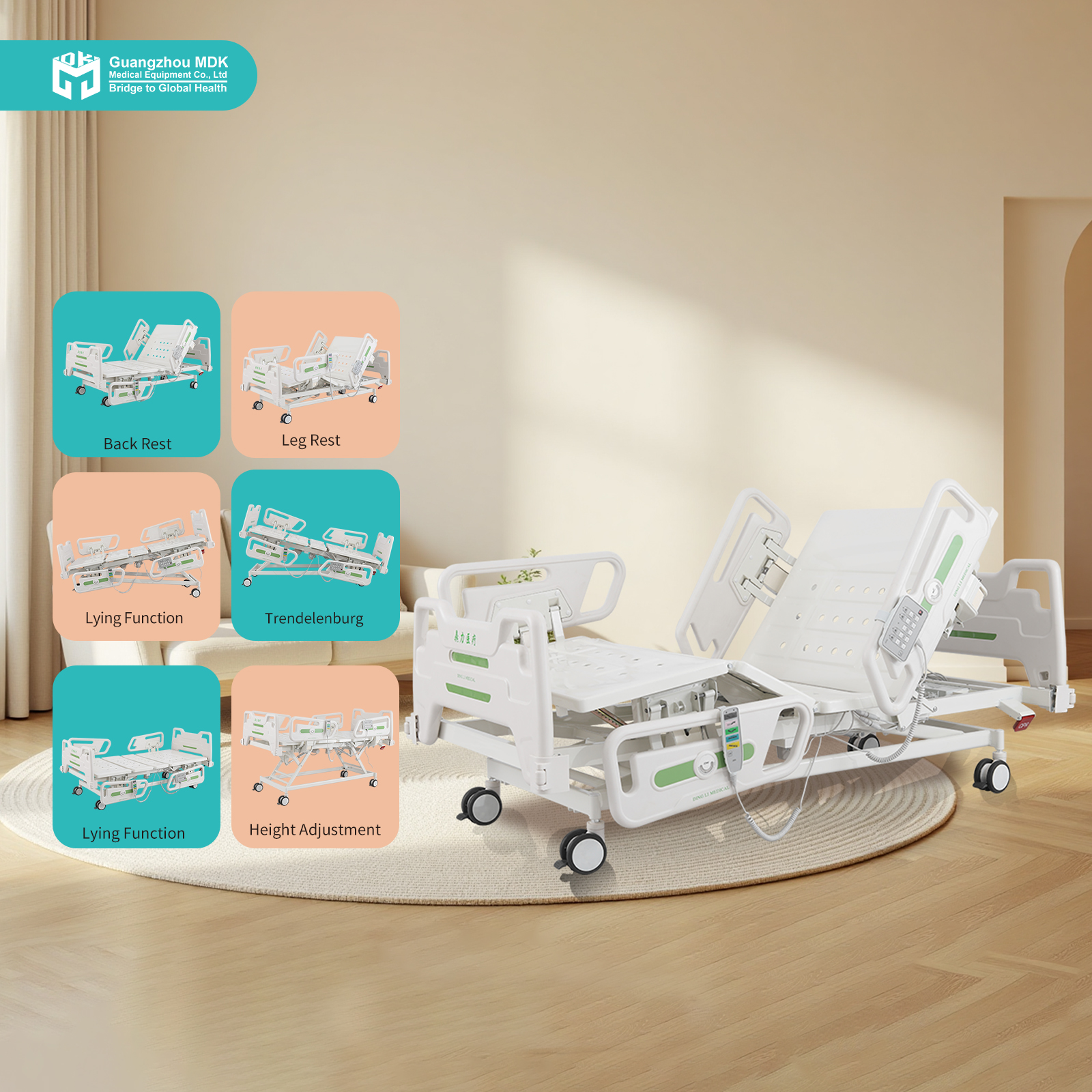 Premium 5-Function Electric Medical Bed with Nurse Control & Double RCP