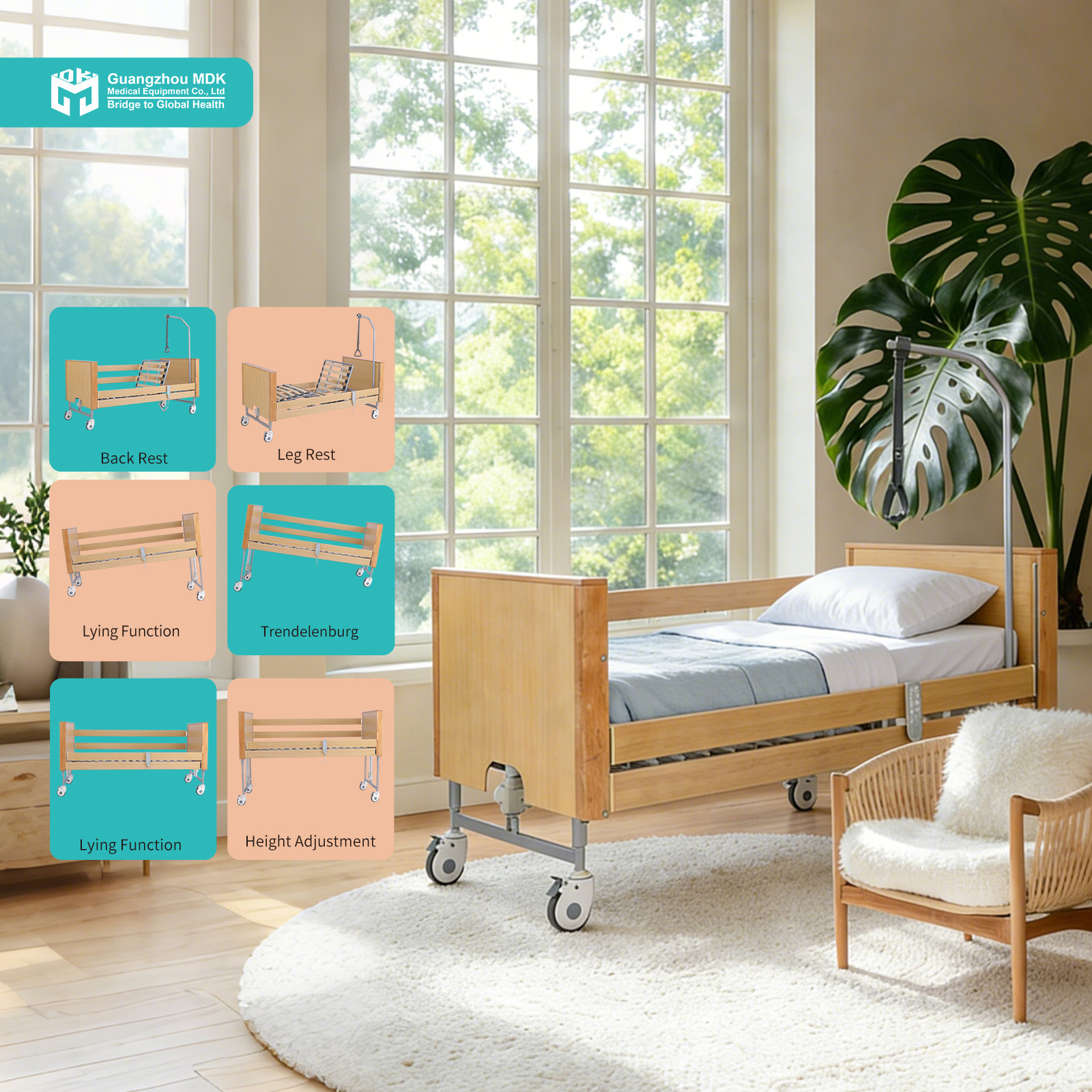 High-End Wooden 5-Function Electric Home Care Bed with Adjustable Side Rails