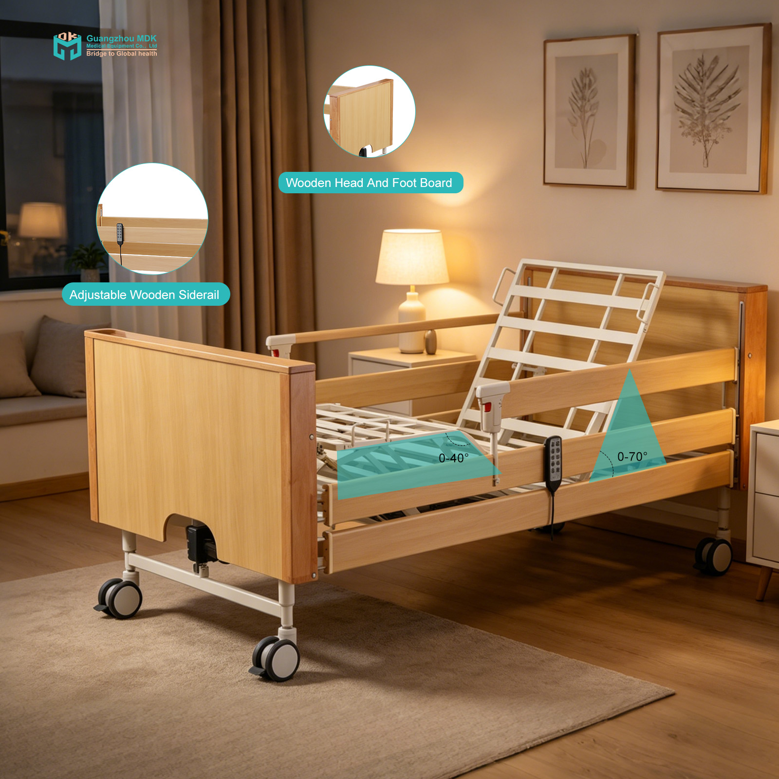 Elegant Wooden 5-Function Electric Home Care Bed with Adjustable Rails