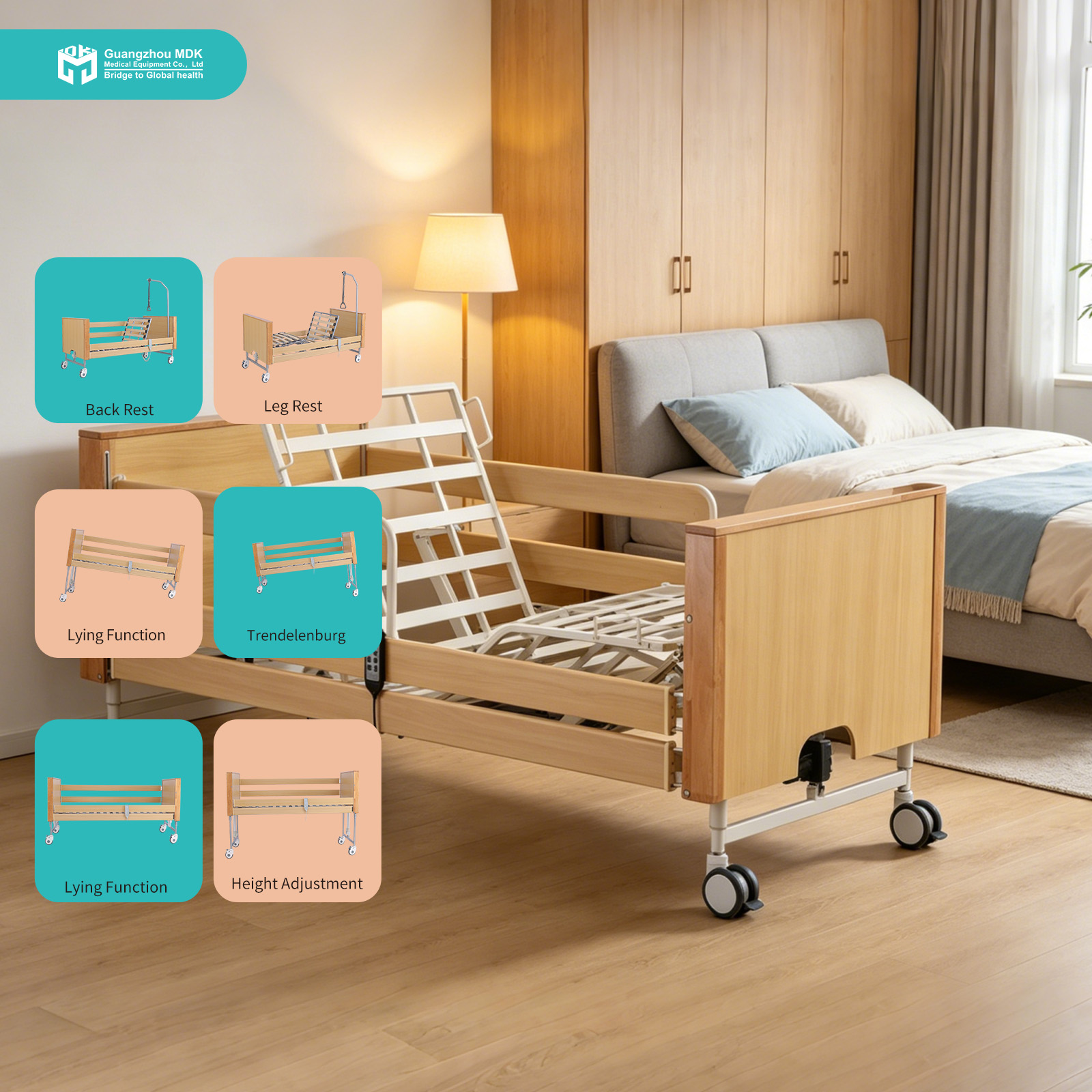 Elegant Wooden 5-Function Electric Home Care Bed with Adjustable Rails