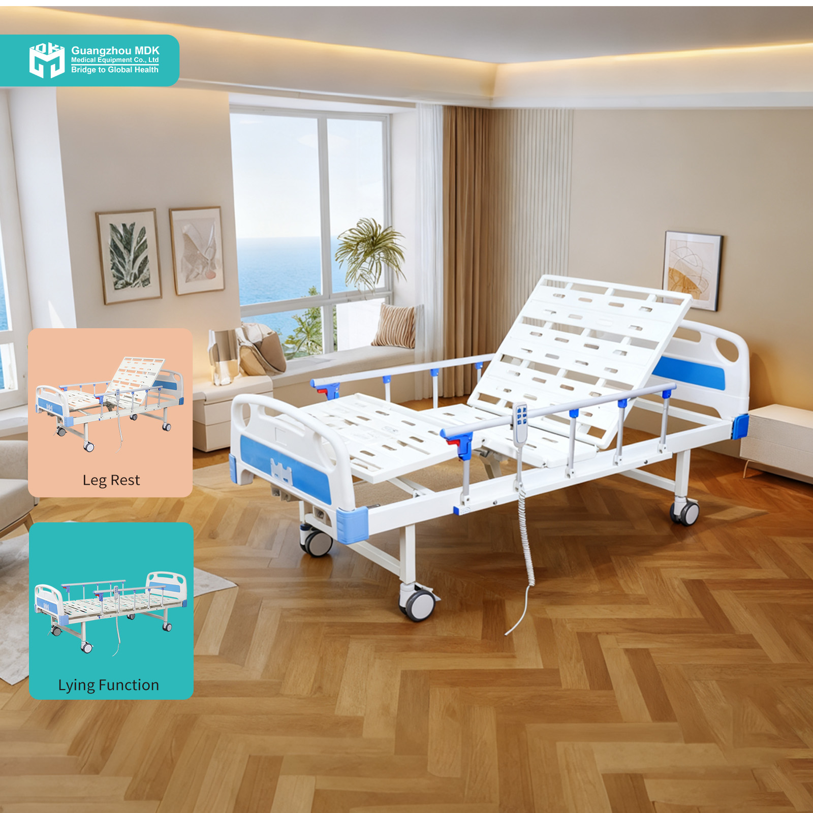 Lit d'hôpital électrique durable à 2 fonctions avec rails latéraux en aluminium