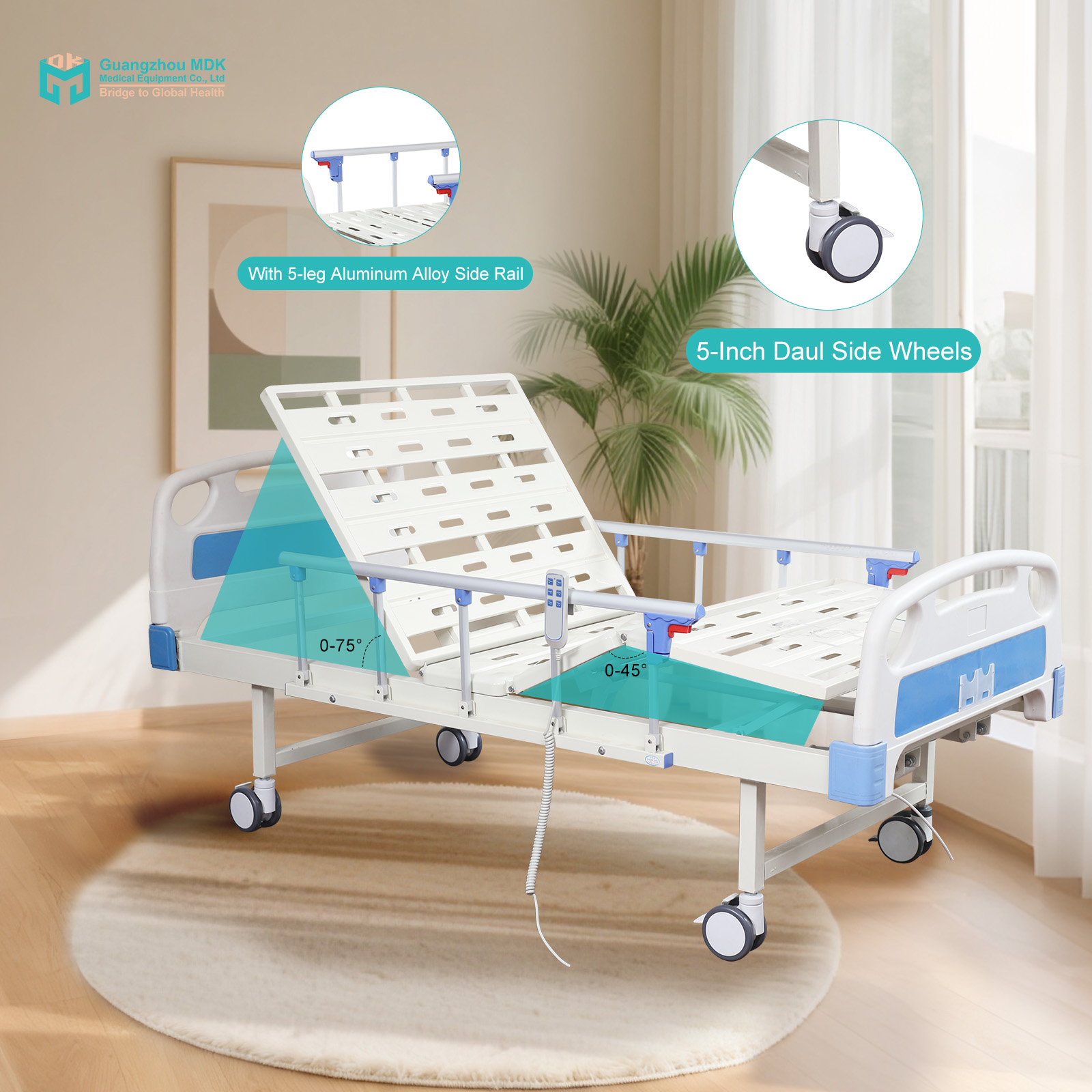 Lit d'hôpital électrique durable à 2 fonctions avec rails latéraux en aluminium