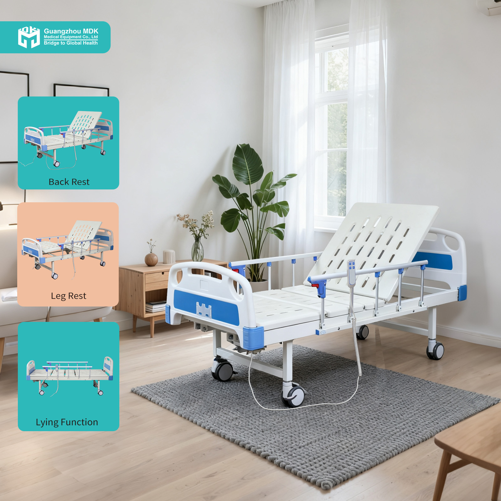 Electric 2-Function Hospital Bed with One-Piece Stamped Steel Surface
