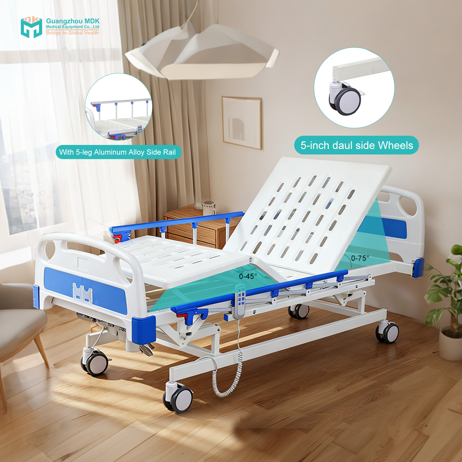 Lit médical électrique à 3 fonctions avec surface en acier embouti monobloc
