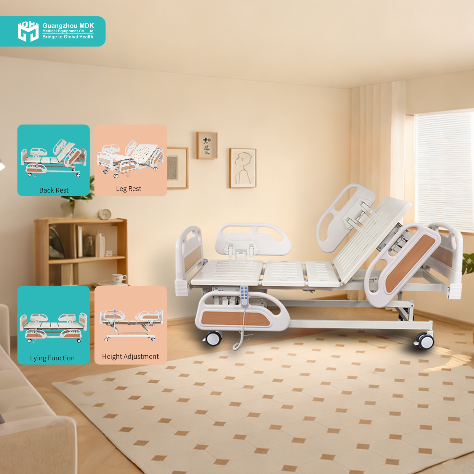 Electric 3-Function Nursing Bed with Drop-Down PP Side Rails