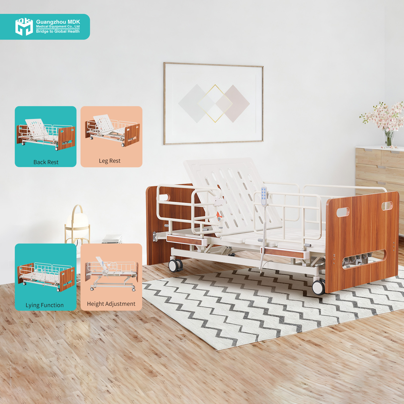 Elegant Wooden 3-Function Electric Nursing Bed with Foldable Side Rails