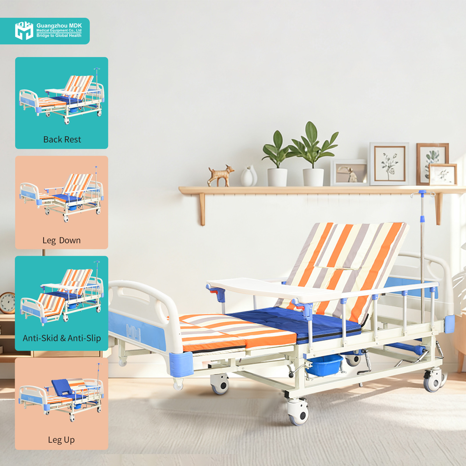 Premium 3-Crank Manual Anti-Slip Homecare Bed with Complete Care Accessories