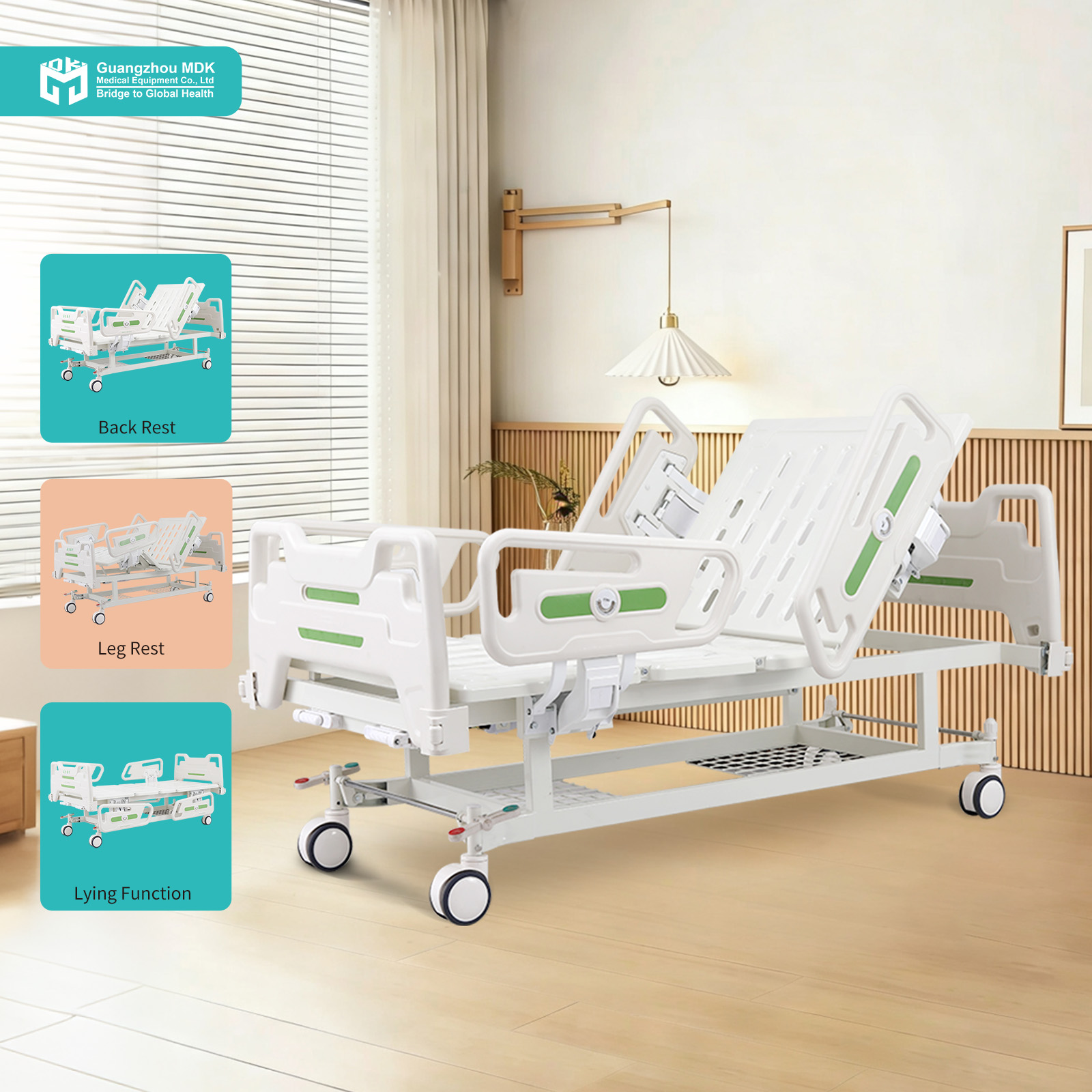 Premium Manual 2-Function Hospital Bed with Drop-Down PP Rails