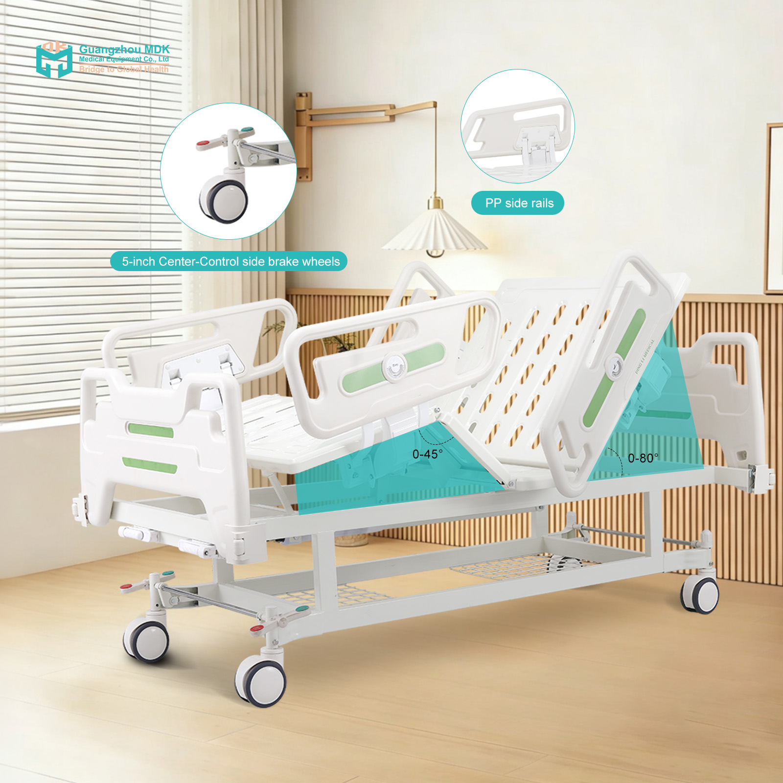 Premium Manual 2-Function Hospital Bed with Drop-Down PP Rails