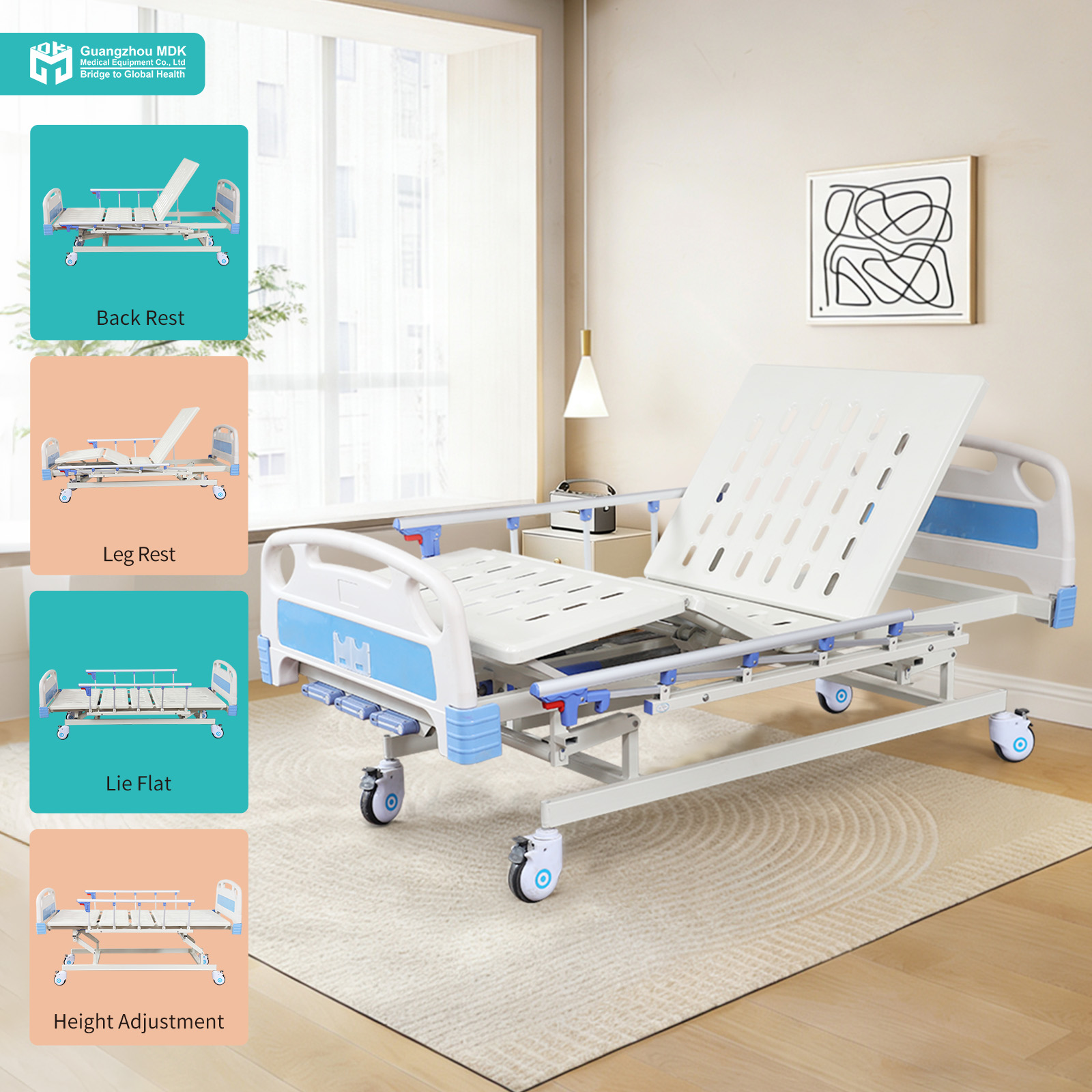 Premium Manual 3-Function Hospital Bed with Stamped Steel Surface
