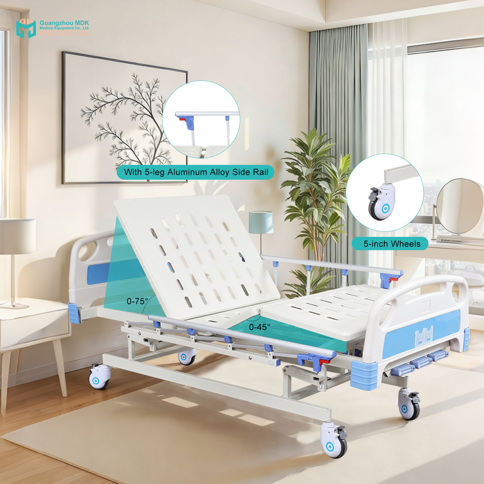 Premium Manual 3-Function Hospital Bed with Stamped Steel Surface
