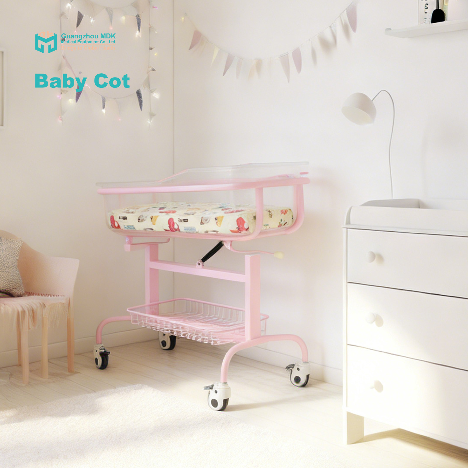 Premium Pneumatic Hospital Baby Cot with Transparent Basin