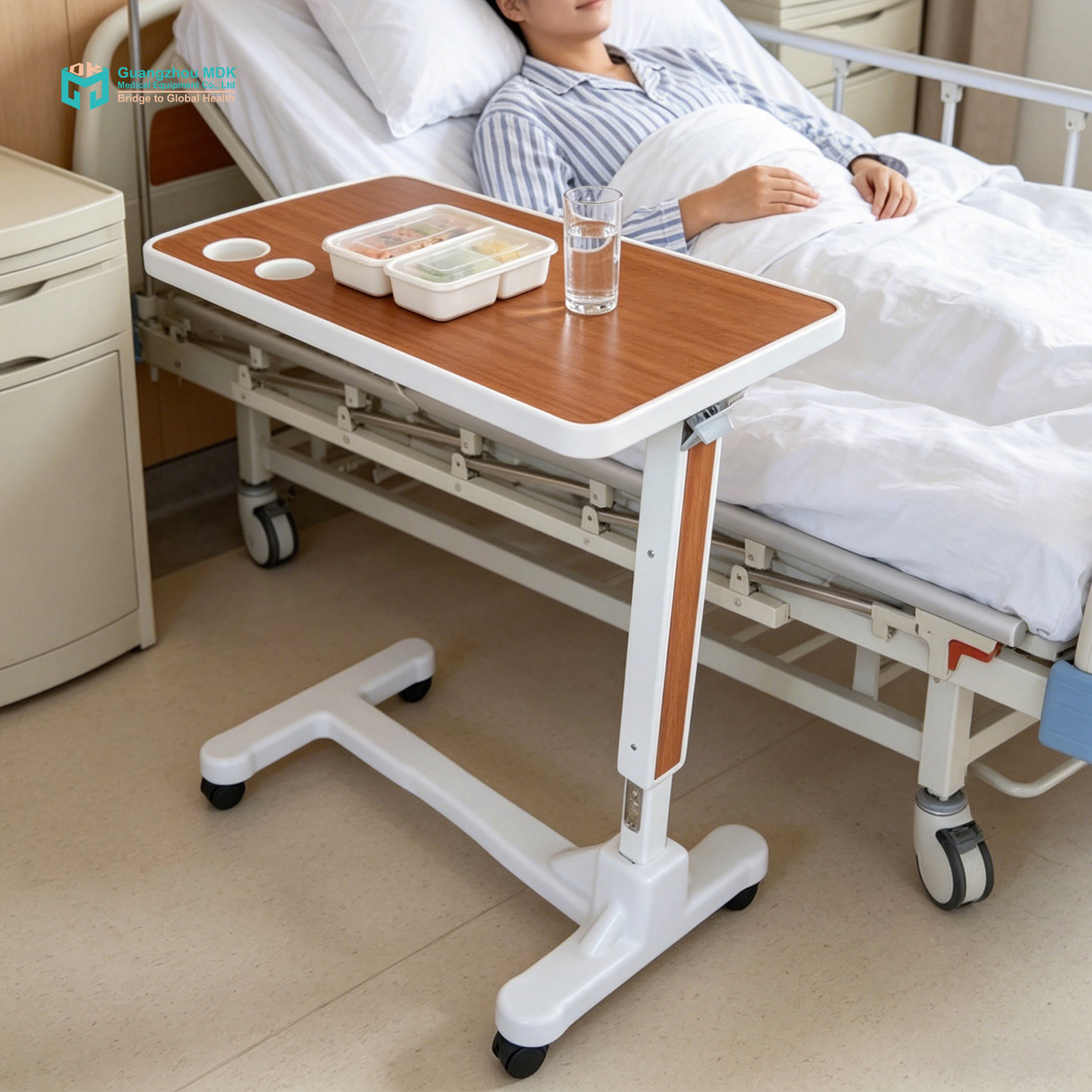 Adjustable Hydraulic Overbed Table with PVC-Coated ABS Top