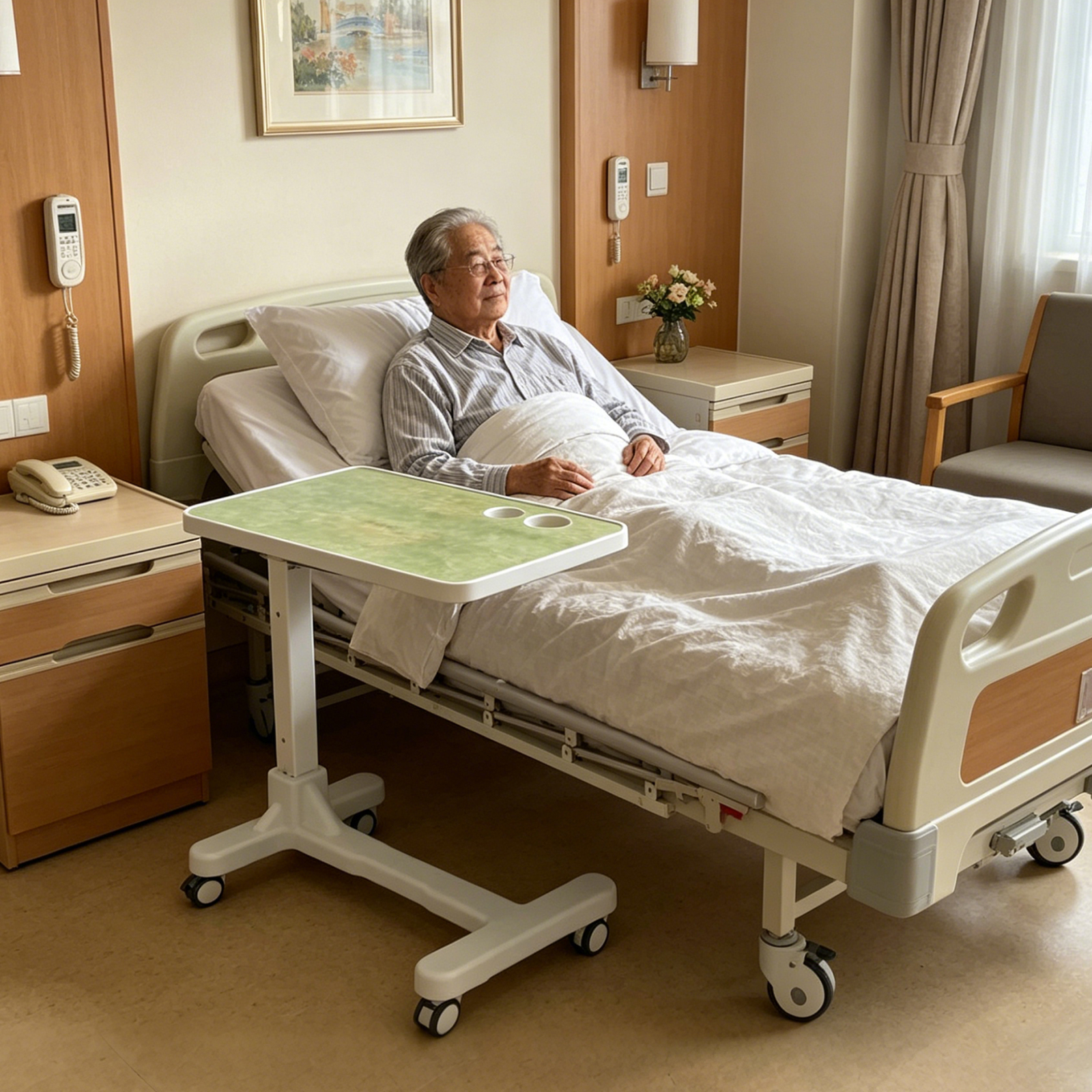 Premium Hydraulic Overbed Table with PVC-Coated ABS Surface