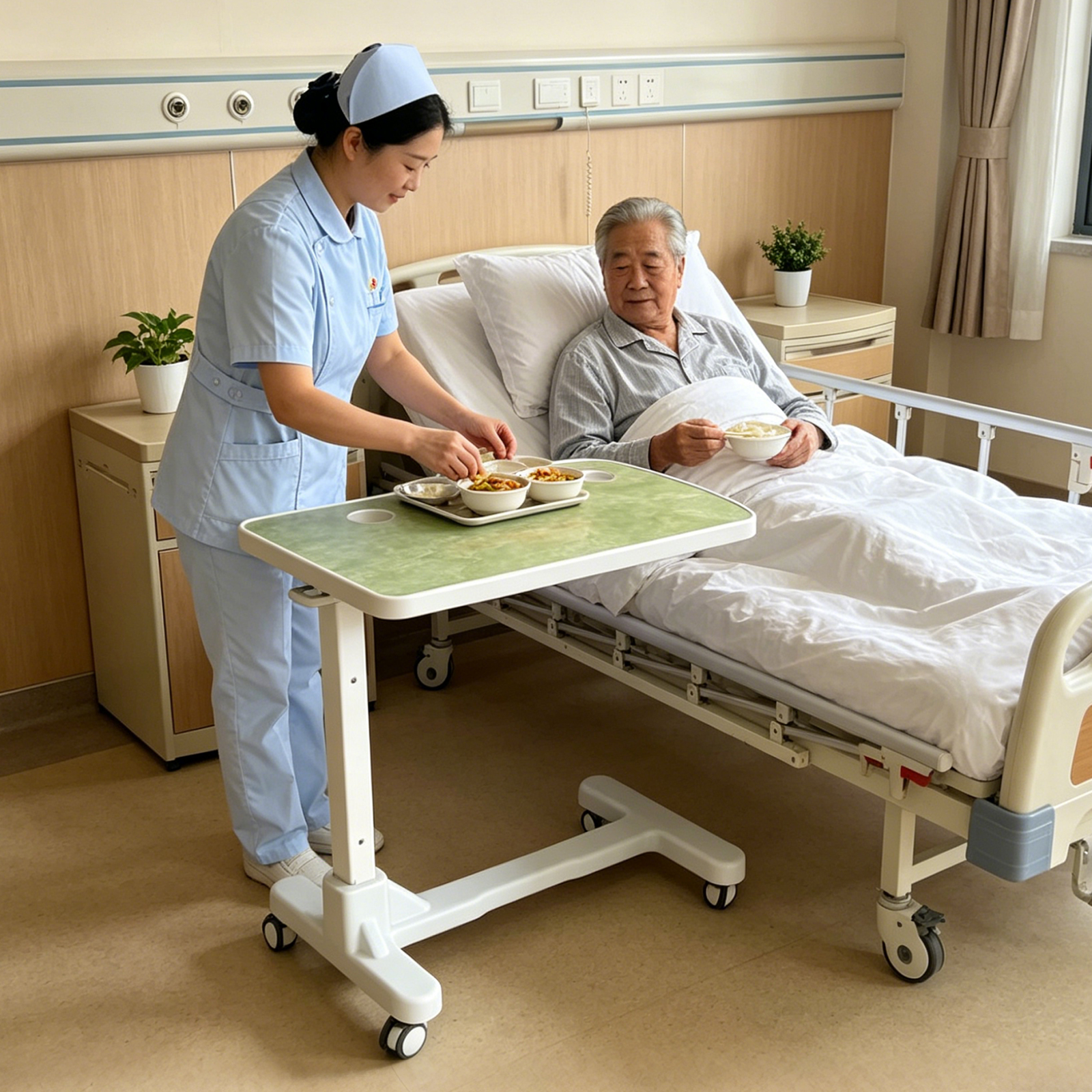 Premium Hydraulic Overbed Table with PVC-Coated ABS Surface