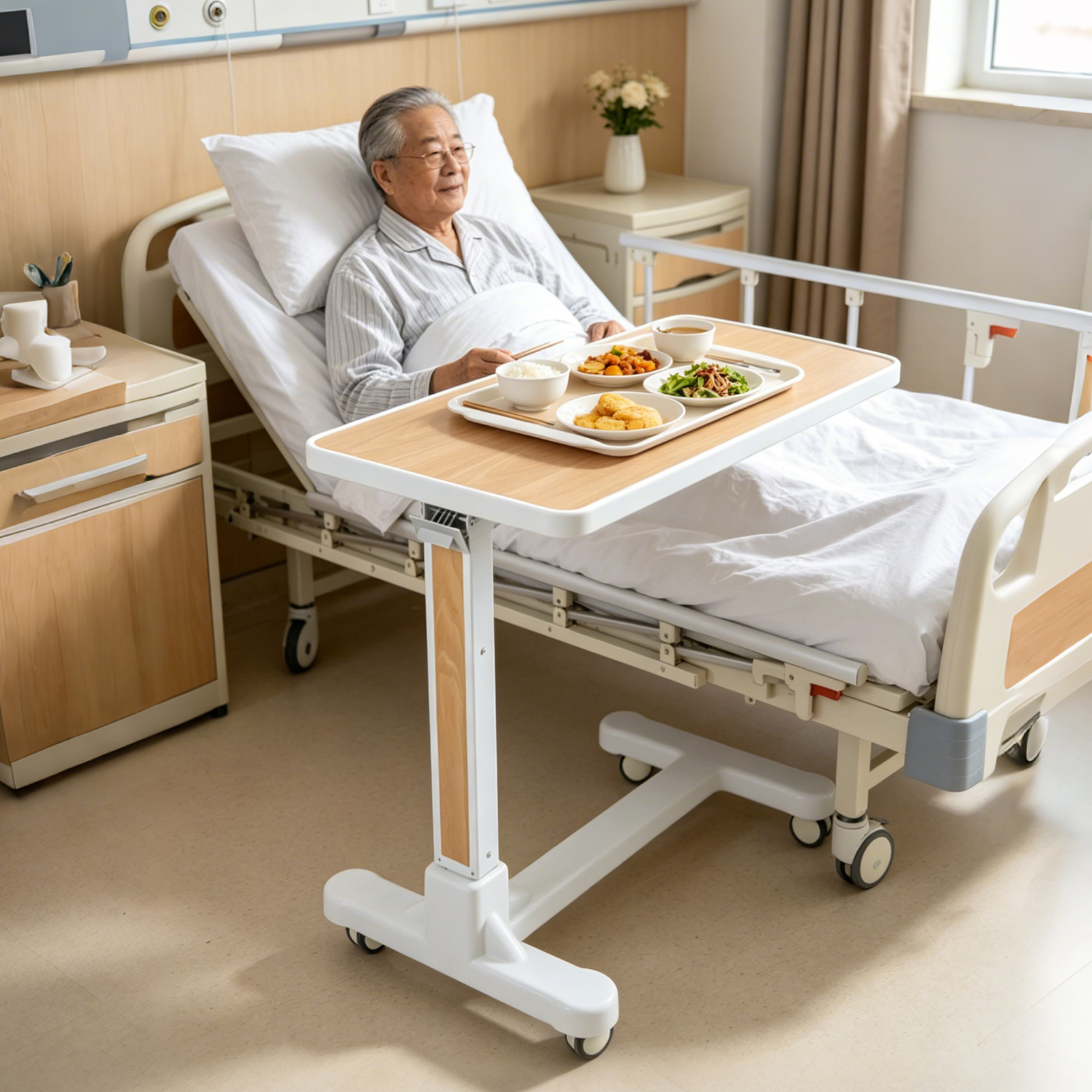 Adjustable Medical Hydraulic Overbed Table with PVC-Coated ABS Top