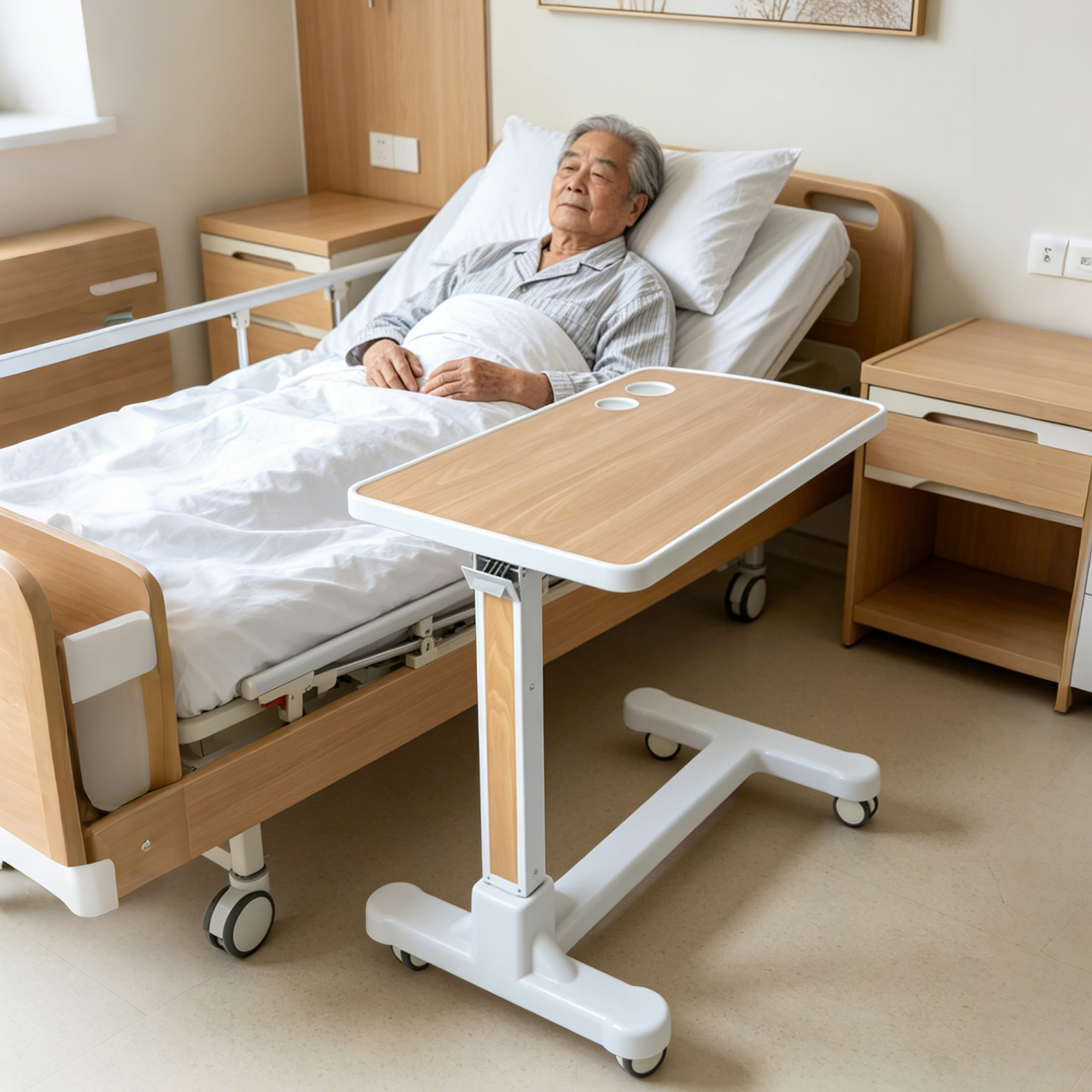 Adjustable Medical Hydraulic Overbed Table with PVC-Coated ABS Top