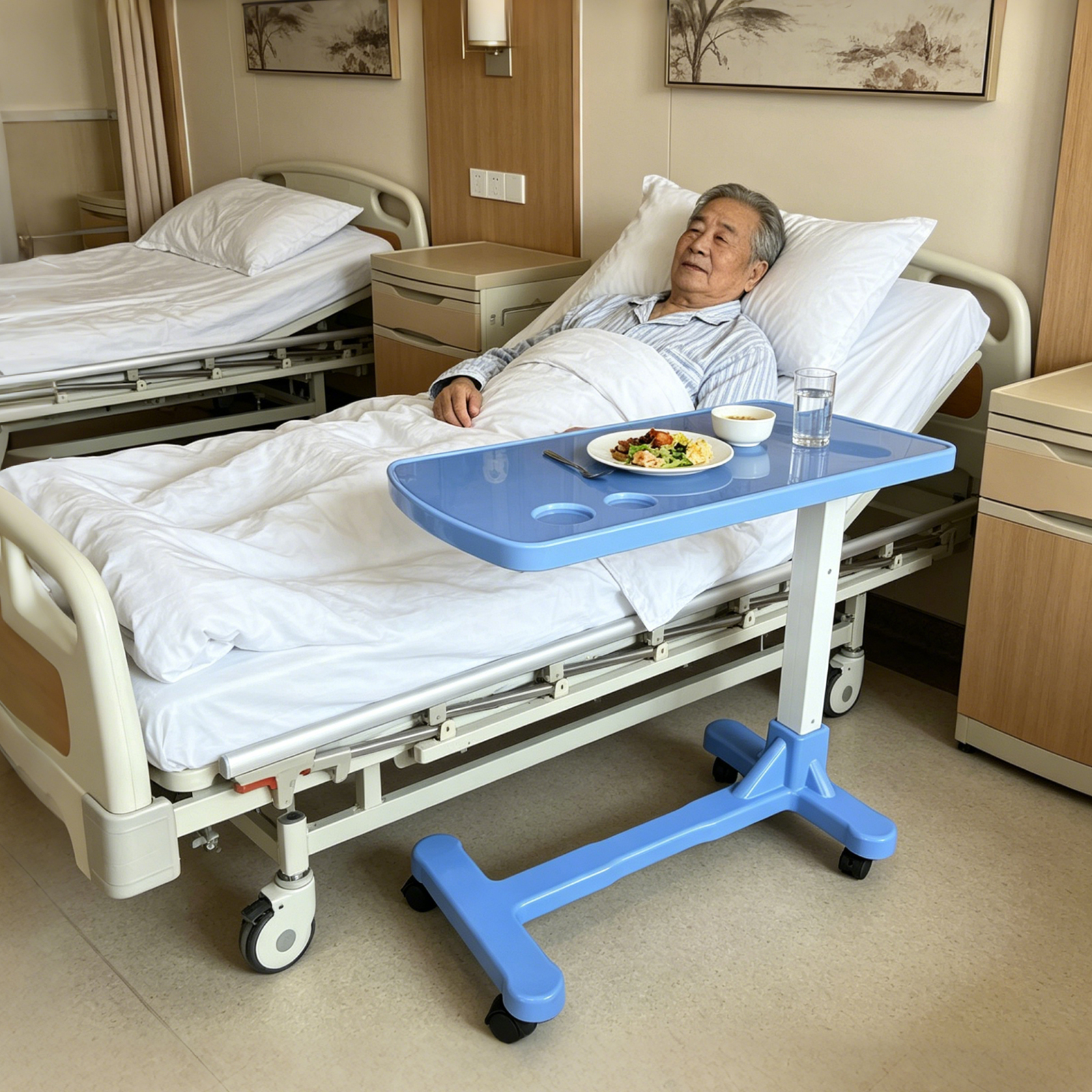 Premium Blue ABS Hydraulic Overbed Table with Carbon Steel Frame