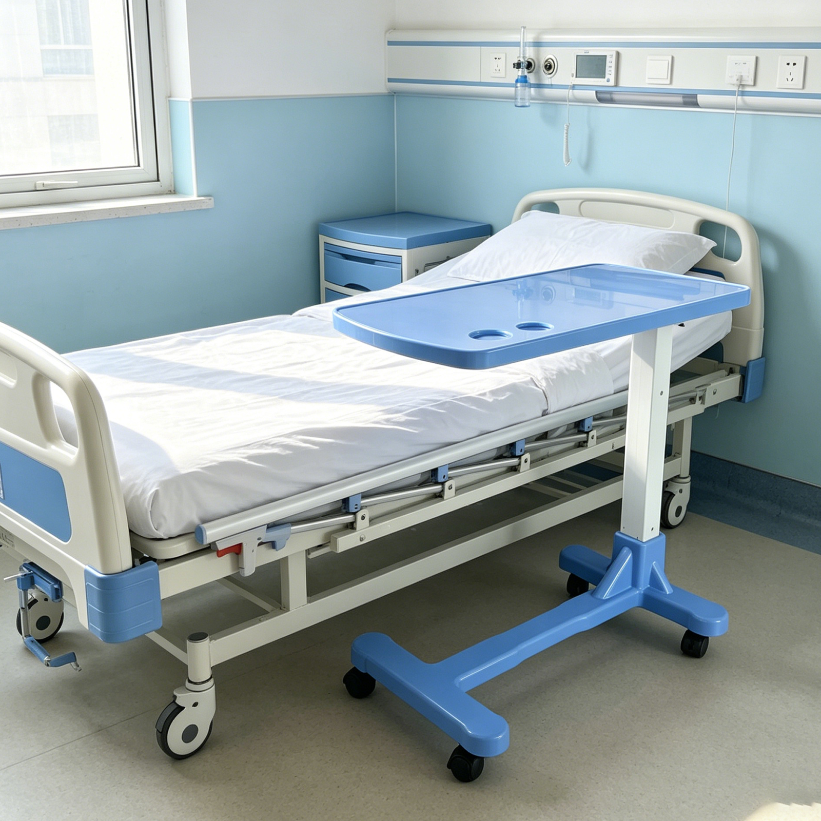 Premium Blue ABS Hydraulic Overbed Table with Carbon Steel Frame